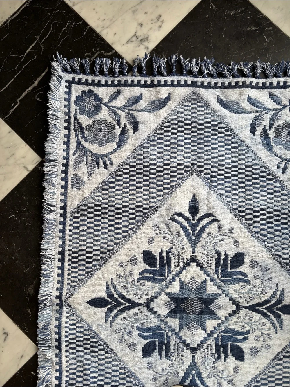 Blue & White Floral Diamond Accent Rug